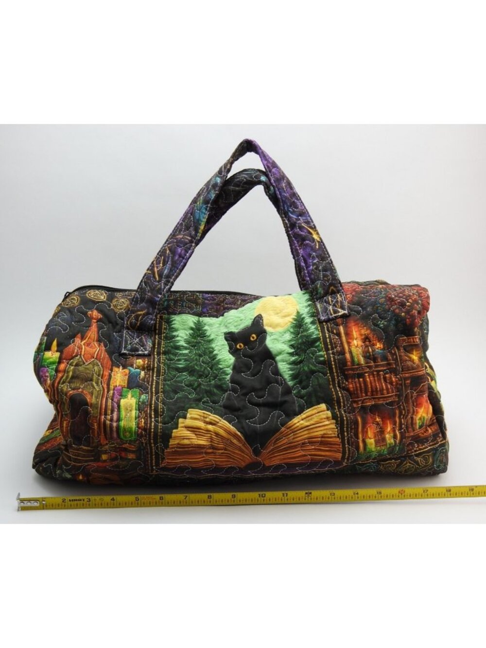 Handmade Quilted Black Cat Book Witchy Duffel Bag Gothic Overnight Halloween - Picture 5 of 6